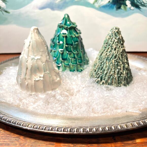 3 Ceramic Christmas Trees in Greens & White - Picture 1 of 7